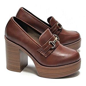 New Brown Platform Chunky Heel Penny Loafers